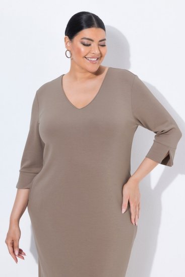 Ulla Popken 841952 Sweatkleid mit V-Ausschnitt Hellbraun - Kleider - Kleider für alle Größen