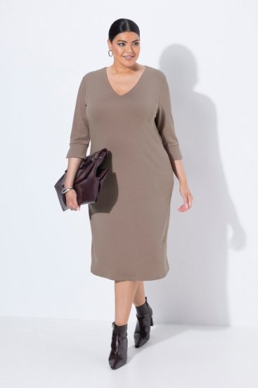 Ulla Popken 841952 Sweatkleid mit V-Ausschnitt Hellbraun - Kleider - Kleider für alle Größen