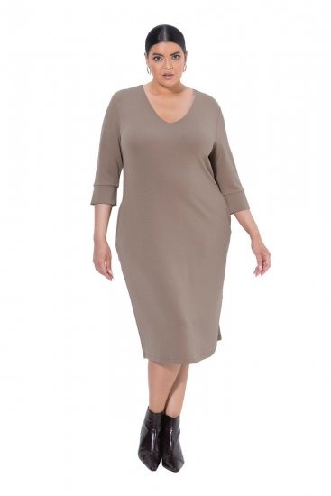 Ulla Popken 841952 Sweatkleid mit V-Ausschnitt Hellbraun - Kleider - Kleider für alle Größen