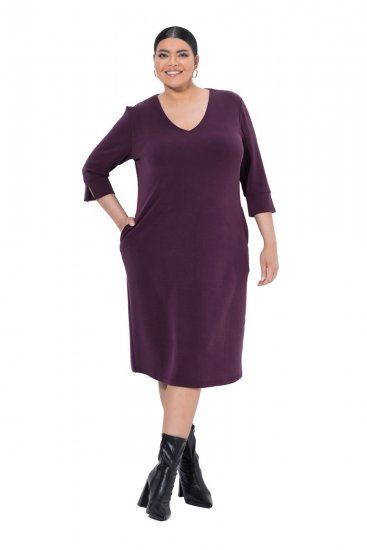 Ulla Popken 841952 Sweatkleid mit 3/4-Ärmeln Pflaume - Midikleider - Midikleider für Damen in großen Größen