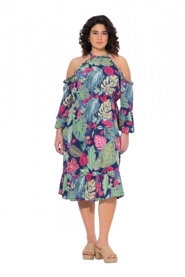 Ulla Popken 842471 Gemustertes Midikleid Dunkelblau - Midikleider - Midikleider für Damen in großen Größen