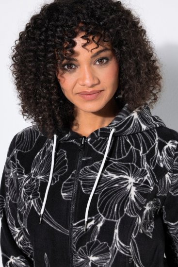 Ulla Popken 842758 Geblümte Fleecejacke mit Kapuze Schwarz - Fleecekleidung - 