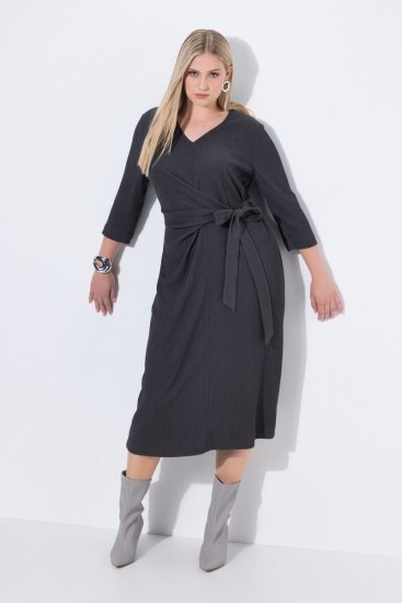 Ulla Popken 843595 Wickelkleid mit 3/4-Ärmeln Grau meliert - Midikleider - Midikleider für Damen in großen Größen