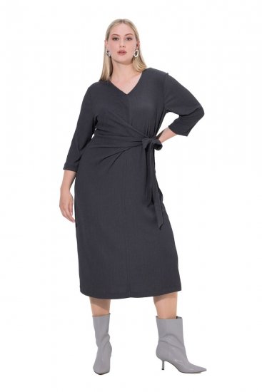 Ulla Popken 843595 Wickelkleid mit 3/4-Ärmeln Grau meliert - Midikleider - Midikleider für Damen in großen Größen