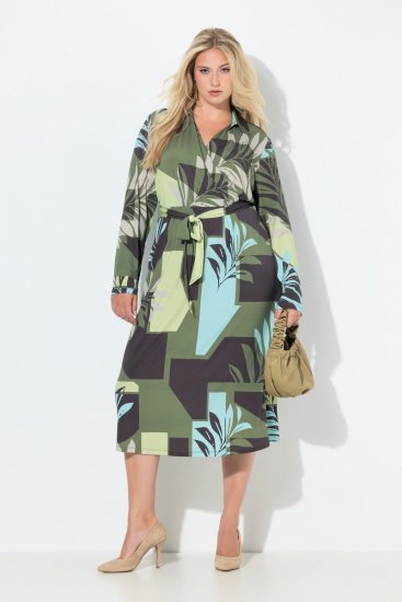 Ulla Popken 845122 Gemustertes Midikleid mit Taschen Türkis - Midikleider - Midikleider für Damen in großen Größen