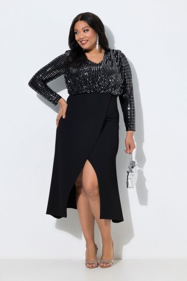 Ulla Popken 845151 Gestreiftes Kleid mit V-Ausschnitt Schwarz - Abendkleider - Abendkleider in großen Größen