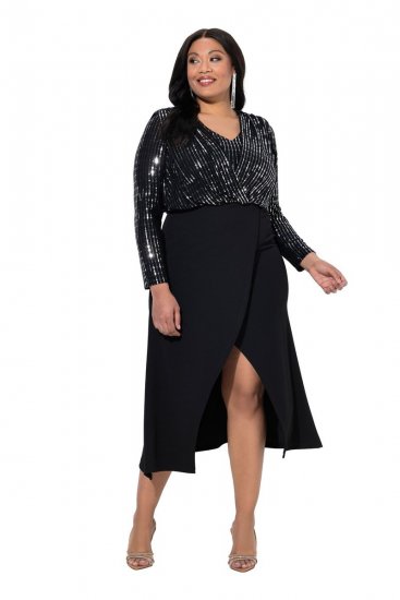 Ulla Popken 845151 Gestreiftes Kleid mit V-Ausschnitt Schwarz - Abendkleider - Abendkleider in großen Größen