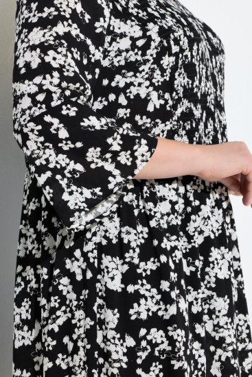 Ulla Popken 845825 Geblümtes Midikleid mit 3/4-Ärmeln Schwarz - Midikleider - Midikleider für Damen in großen Größen