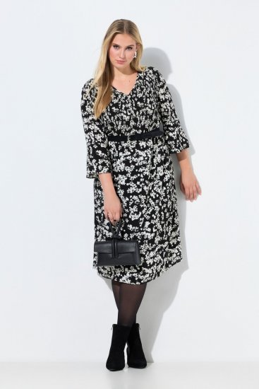 Ulla Popken 845825 Geblümtes Midikleid mit 3/4-Ärmeln Schwarz - Midikleider - Midikleider für Damen in großen Größen