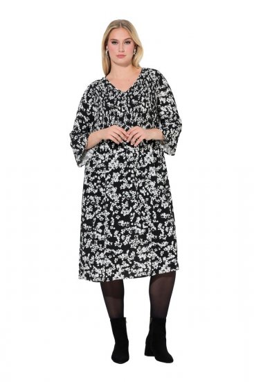 Ulla Popken 845825 Geblümtes Midikleid mit 3/4-Ärmeln Schwarz - Midikleider - Midikleider für Damen in großen Größen