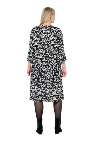 Ulla Popken 845825 Geblümtes Midikleid mit 3/4-Ärmeln Schwarz - Midikleider - Midikleider für Damen in großen Größen