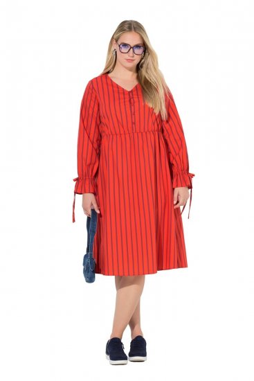 Ulla Popken 845863 Gestreiftes Midikleid mit Bindegürtel Koralle - Midikleider - Midikleider für Damen in großen Größen