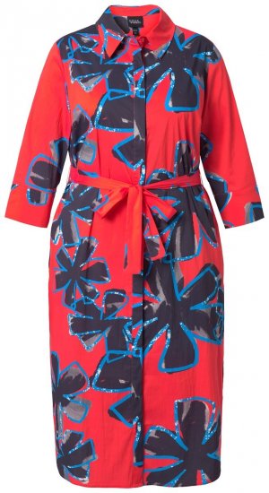 Ulla Popken 846164 Geblümtes Hemdblusenkleid Rot - Midikleider - Midikleider für Damen in großen Größen