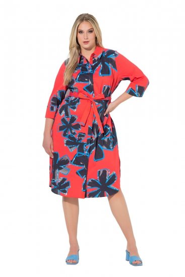 Ulla Popken 846164 Geblümtes Hemdblusenkleid Rot - Midikleider - Midikleider für Damen in großen Größen