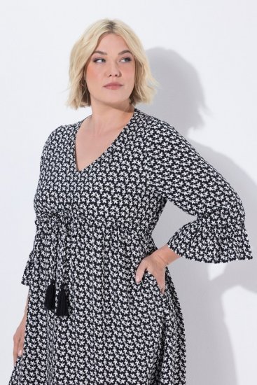 Ulla Popken 847798 Midikleid in A-Linie mit V-Ausschnitt Schwarz - Midikleider - Midikleider für Damen in großen Größen