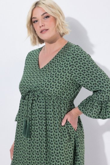 Ulla Popken 847798 Midikleid in A-Linie mit V-Ausschnitt Dunkelgrün - Midikleider - Midikleider für Damen in großen Größen