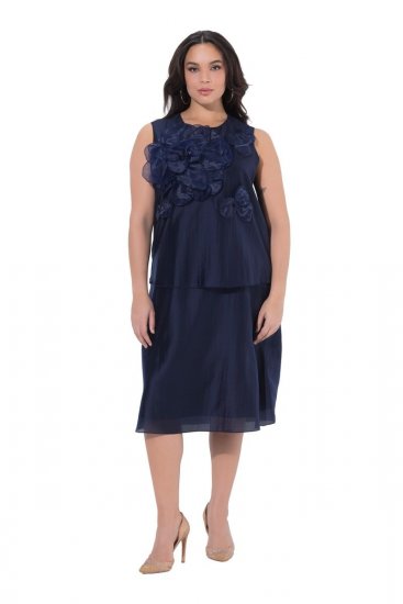 Ulla Popken 847918 Geblümtes Chiffonkleid Dunkelblau - Midikleider - Midikleider für Damen in großen Größen