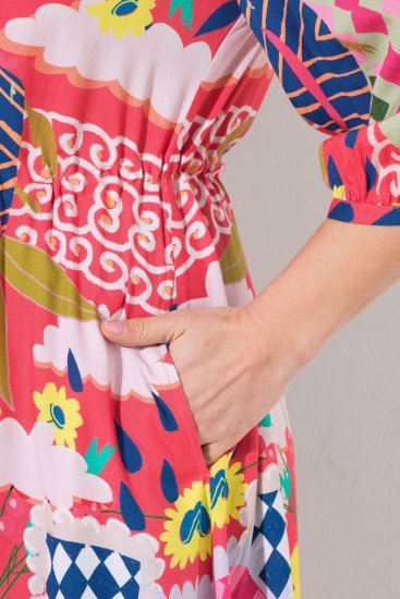 Ulla Popken 848015 Gemustertes Midikleid mit Tunnelzug Rosa - Midikleider - Midikleider für Damen in großen Größen