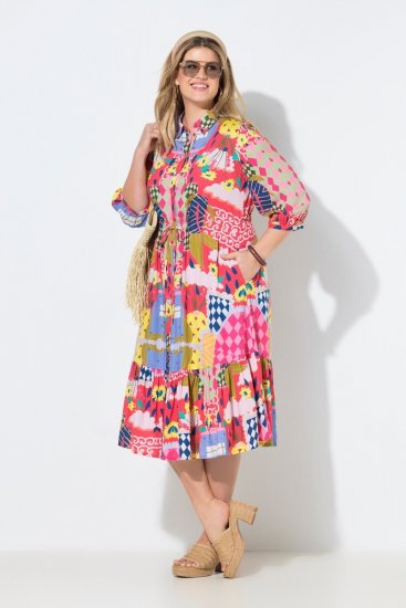 Ulla Popken 848015 Gemustertes Midikleid mit Tunnelzug Rosa - Midikleider - Midikleider für Damen in großen Größen