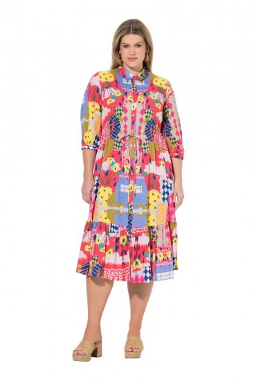 Ulla Popken 848015 Gemustertes Midikleid mit Tunnelzug Rosa - Midikleider - Midikleider für Damen in großen Größen