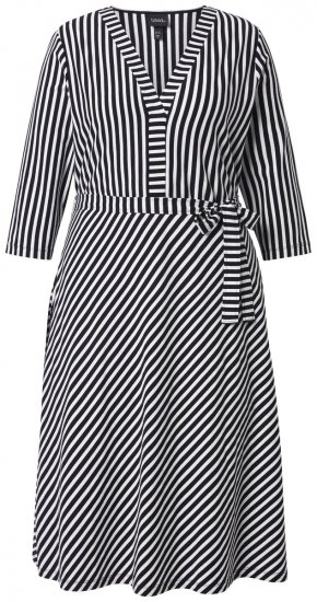 Ulla Popken 848052 Gestreiftes Midikleid mit Bindegürtel Schwarz - Midikleider - Midikleider für Damen in großen Größen