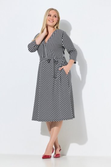 Ulla Popken 848052 Gestreiftes Midikleid mit Bindegürtel Schwarz - Midikleider - Midikleider für Damen in großen Größen