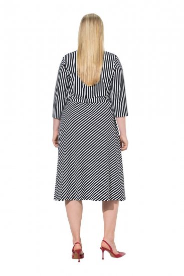 Ulla Popken 848052 Gestreiftes Midikleid mit Bindegürtel Schwarz - Midikleider - Midikleider für Damen in großen Größen