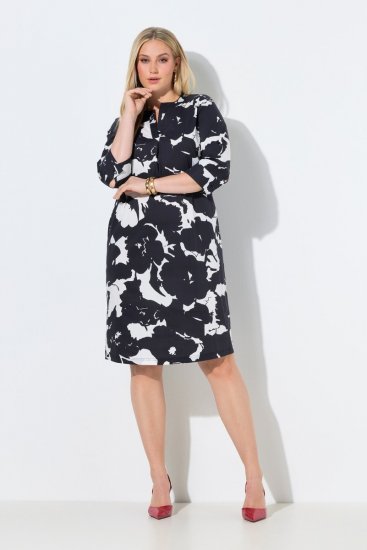 Ulla Popken 848061 Geblümtes Midikleid mit 3/4-Ärmeln Schwarz - Midikleider - Midikleider für Damen in großen Größen