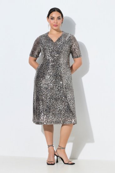 Ulla Popken 848137 Paillettenkleid mit Animal-Print Beige - Abendkleider - Abendkleider in großen Größen