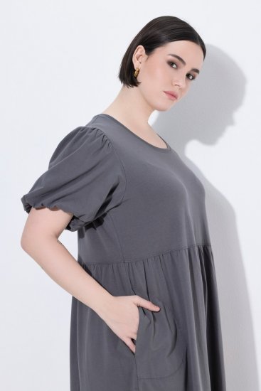 Ulla Popken 848575 Kurzärmliges Maxikleid mit Taschen Anthrazit - Maxikleider - Maxikleider in großen Größen