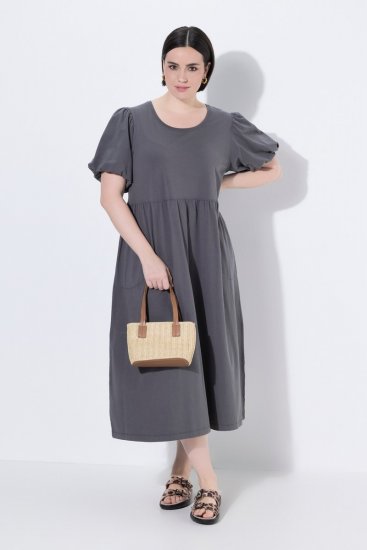 Ulla Popken 848575 Kurzärmliges Maxikleid mit Taschen Anthrazit - Maxikleider - Maxikleider in großen Größen