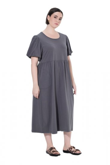 Ulla Popken 848575 Kurzärmliges Maxikleid mit Taschen Anthrazit - Maxikleider - Maxikleider in großen Größen