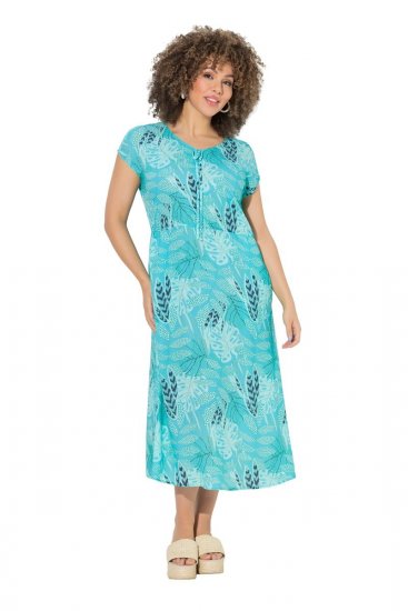 Ulla Popken 848696 Gemustertes Midikleid mit V-Ausschnitt Türkis - Midikleider - Midikleider für Damen in großen Größen