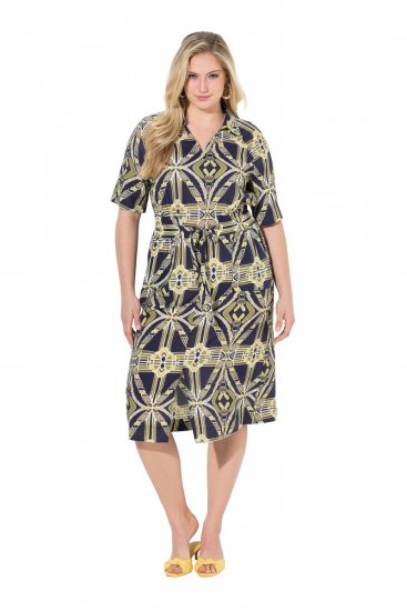 Ulla Popken 848789 Gemustertes Midikleid mit Taschen Dunkelblau - Midikleider - Midikleider für Damen in großen Größen