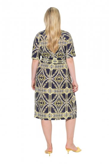 Ulla Popken 848789 Gemustertes Midikleid mit Taschen Dunkelblau - Midikleider - Midikleider für Damen in großen Größen