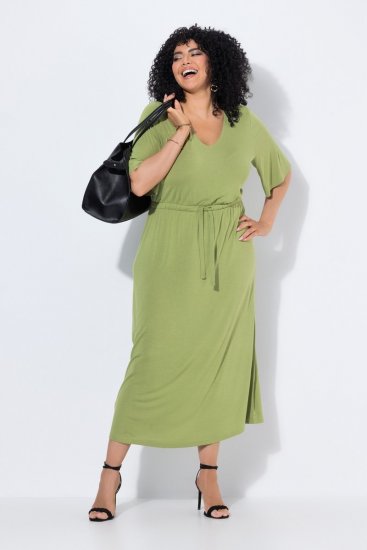 Ulla Popken 848829 Kurzärmliges Midikleid mit Tunnelzug Hellgrün - Midikleider - Midikleider für Damen in großen Größen
