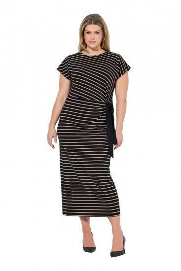 Ulla Popken 848921 Gestreiftes Jerseykleid mit Bindegürtel Schwarz - Maxikleider - Maxikleider in großen Größen