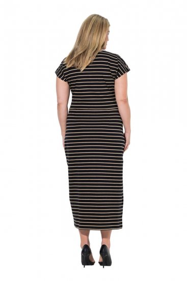 Ulla Popken 848921 Gestreiftes Jerseykleid mit Bindegürtel Schwarz - Maxikleider - Maxikleider in großen Größen
