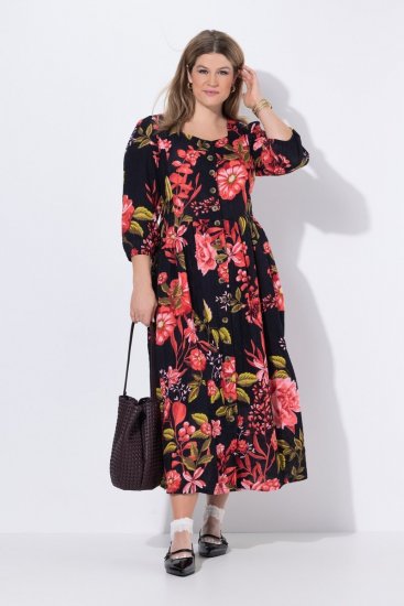 Ulla Popken 849593 Geblümtes Hemdblusenkleid Dunkelblau - Maxikleider - Maxikleider in großen Größen