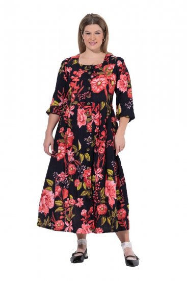 Ulla Popken 849593 Geblümtes Hemdblusenkleid Dunkelblau - Maxikleider - Maxikleider in großen Größen