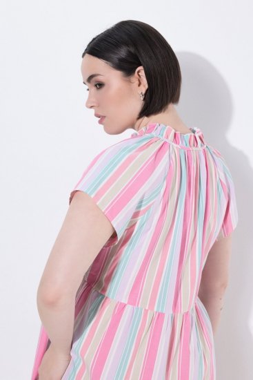 Ulla Popken 849969 Gestreiftes Midikleid mit Volants Rosa - Midikleider - Midikleider für Damen in großen Größen