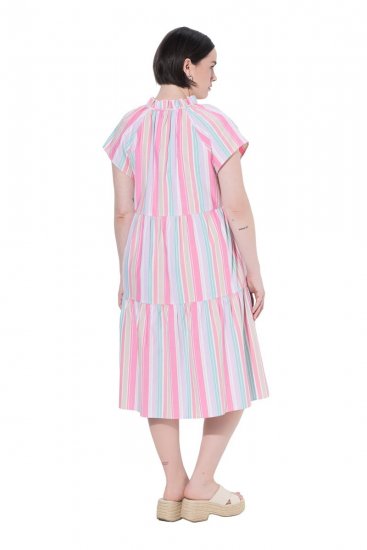 Ulla Popken 849969 Gestreiftes Midikleid mit Volants Rosa - Midikleider - Midikleider für Damen in großen Größen