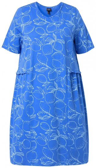 Ulla Popken 850204 Gemustertes T-Shirt-Kleid mit Volants Blau - Jerseykleider - 