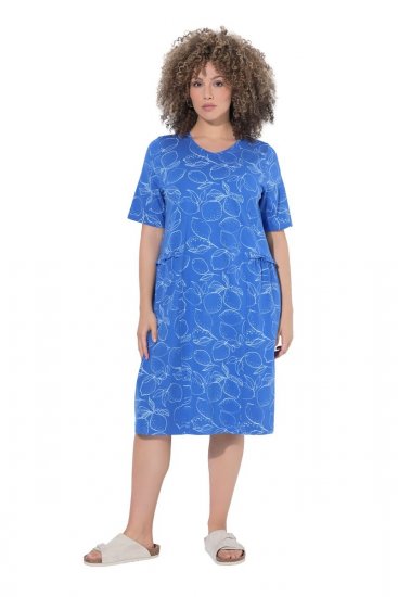 Ulla Popken 850204 Gemustertes T-Shirt-Kleid mit Volants Blau - Jerseykleider - 