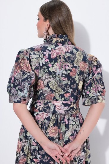 Ulla Popken 850298 Geblümtes Hemdblusenkleid Dunkelblau - Maxikleider - Maxikleider in großen Größen