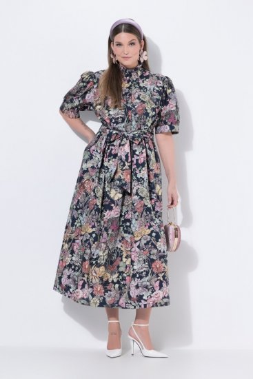 Ulla Popken 850298 Geblümtes Hemdblusenkleid Dunkelblau - Maxikleider - Maxikleider in großen Größen
