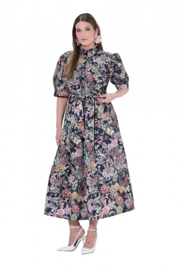 Ulla Popken 850298 Geblümtes Hemdblusenkleid Dunkelblau - Maxikleider - Maxikleider in großen Größen