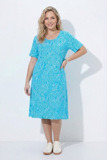 Ulla Popken 850344 Gemustertes T-Shirt-Kleid Türkis - Midikleider - Midikleider für Damen in großen Größen