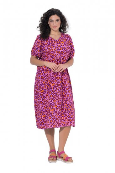 Ulla Popken 850346 Gemustertes Kleid mit V-Ausschnitt Rosa - Midikleider - Midikleider für Damen in großen Größen