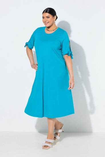 Ulla Popken 850724 Kurzärmliges Midikleid mit Bindegürtel Türkis - Midikleider - Midikleider für Damen in großen Größen